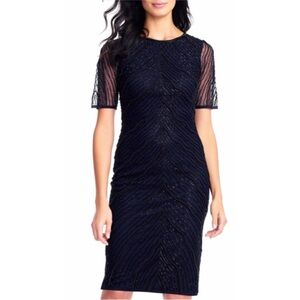 NWT Adrianna Papell Navy Deco Beaded Sheath Dress